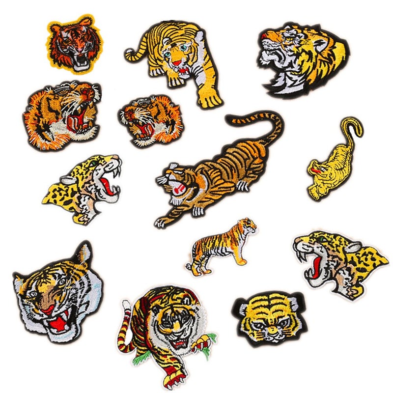Zhiheng 13pcs Assorted Lion Tiger Leopard Wolf Deer Eagle Embroidered Safri Animal Patches Sew Iron on Applique Badge (Tiger) - Image 1